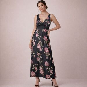 Lulus Black Satin Floral Midi Slip Dress M Sheer Lace Romantic Cottage Wedding